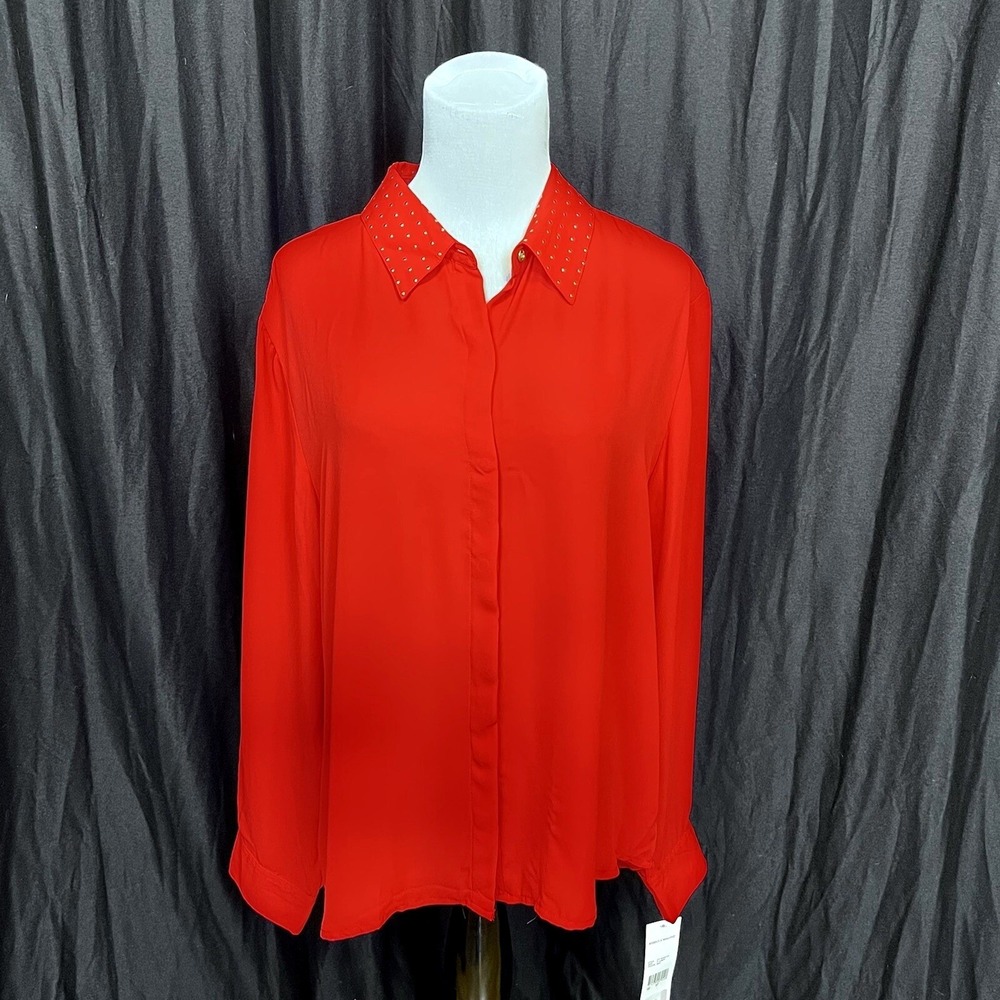 Rebecca Malone Red Blouse Gold Stud Collar XL Tailored‎ Preppy Office Hipster